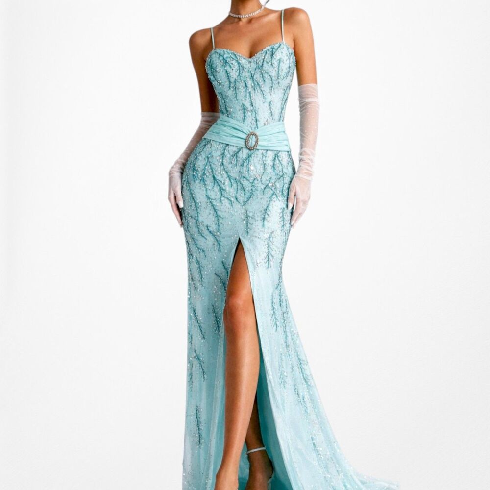 Vintage Y2K 90s Blue Beaded Front Slit Bodycon Maxi Formal Prom Dress Size M